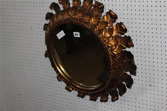 French gilt circular metal foliate frame mirror